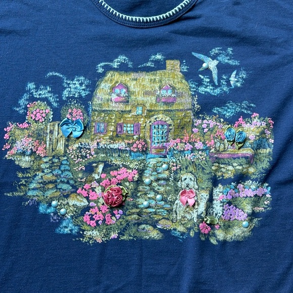 90s Vintage Bobbie Brooks Large Navy Cottage Screen Printed SS Tee Shirt - Picture 2 of 9